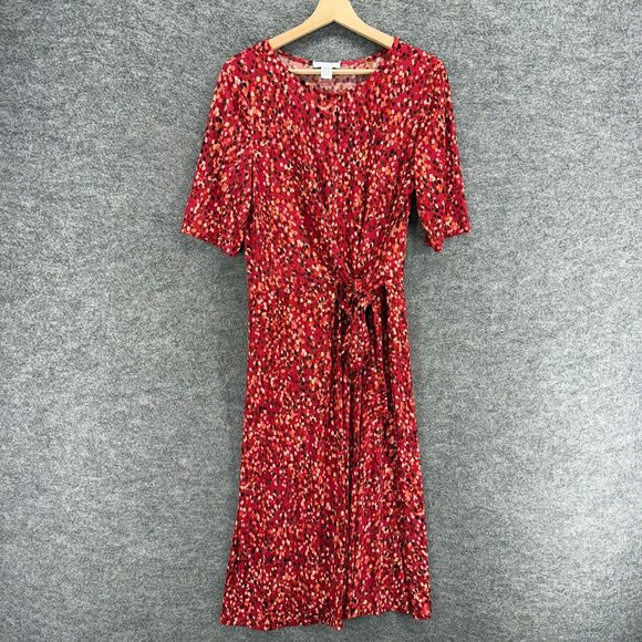 London Timed Dress Women 14 Red Geometric Sheath Midi Belted Short Sleeve Casual - Picture 1 of 7